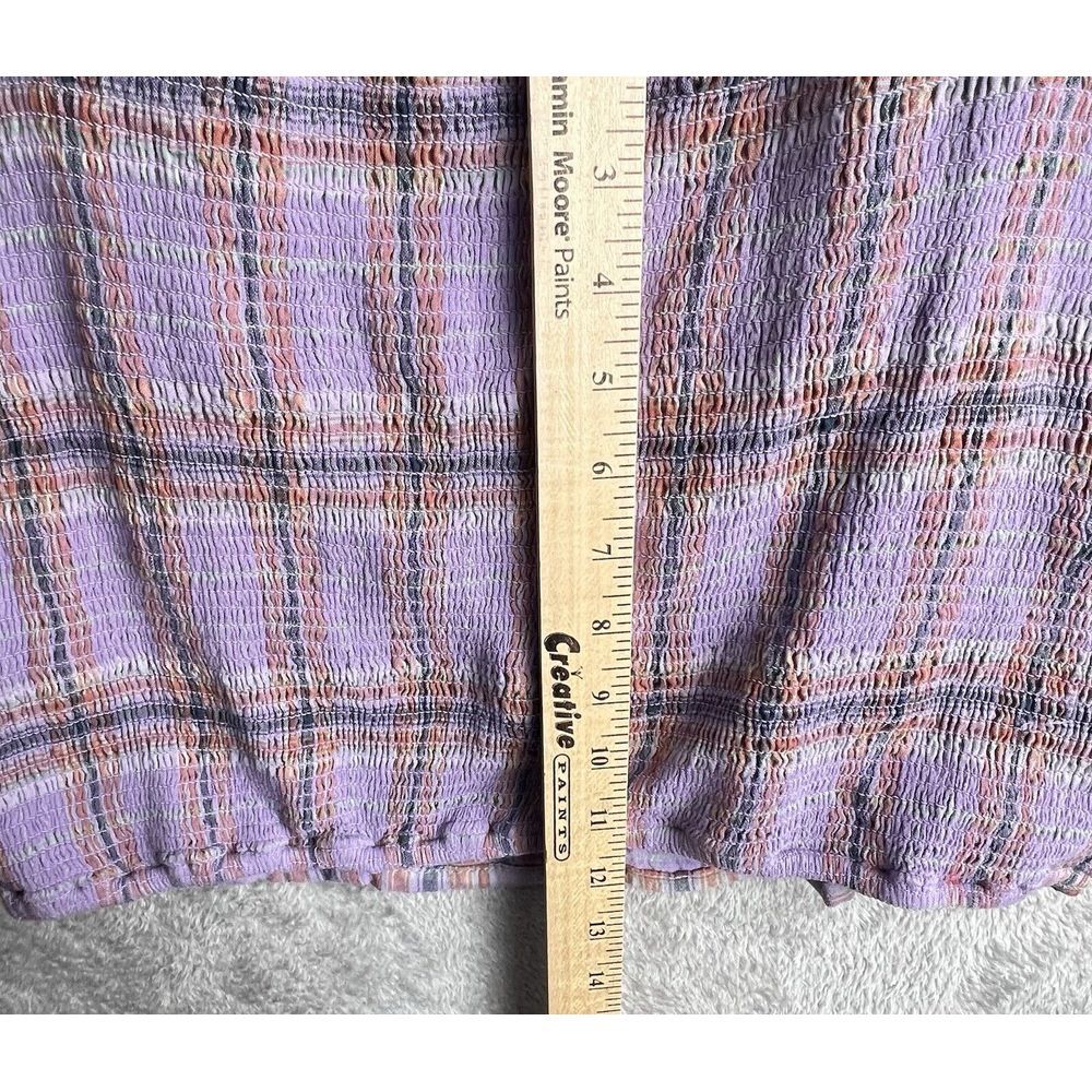 Free People‎ Cherry Bomb Top Womens XL Purple Plaid Balloon Sleeves Ruched Boho - Picture 8 of 11
